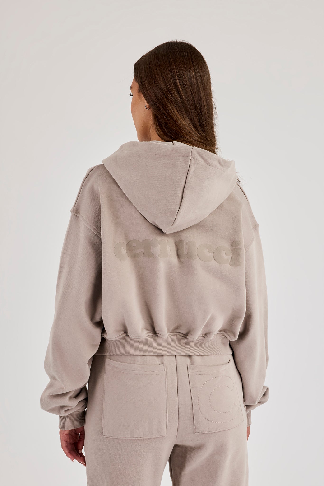Cernucci Cropped Zip Through Hoodie - Stone